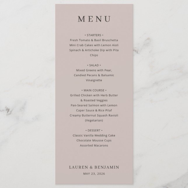 Menu Cardápio de Casamento Bege Elegante (Frente)