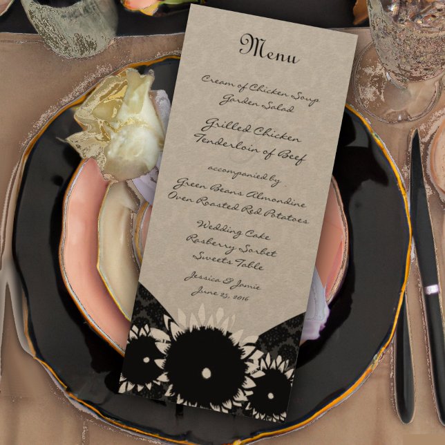 Menu Cardápio de Casamento Black Sunflower Damask (Criador carregado)