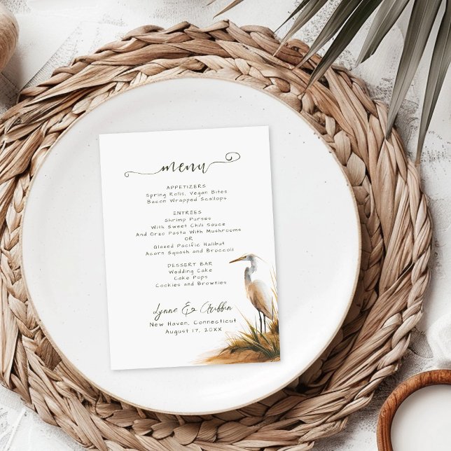 Menu Cardápio de Casamento Boho Costeiro Garça (Criador carregado)