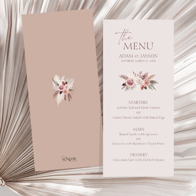 Menu Cardápio de Casamento Boho Floral Pampas Bege Terr (Boho Dusty Pink Dried Flowers Pampas Grass Wedding Menu)