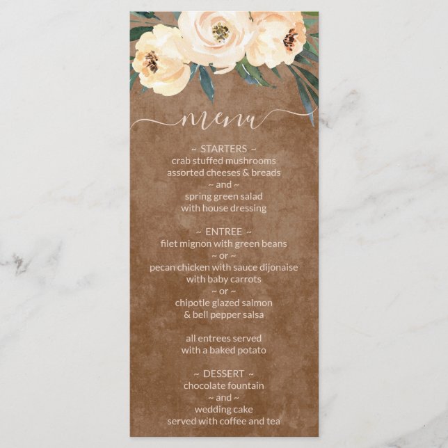 Menu Cardápio de Casamento Boho Marrom Floral Bege Neut (Frente)