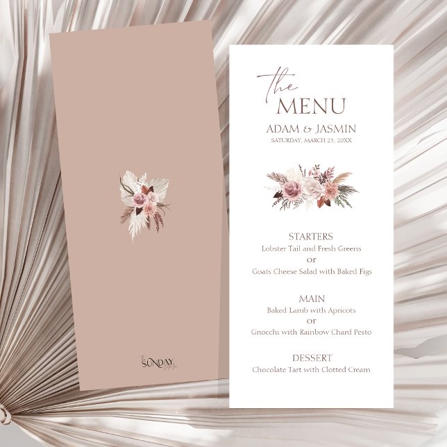 Menu Cardápio de Casamento Boho Pampas Rosa Empoeirado (Boho Dusty Pink Dried Flowers Pampas Grass Wedding Menu)