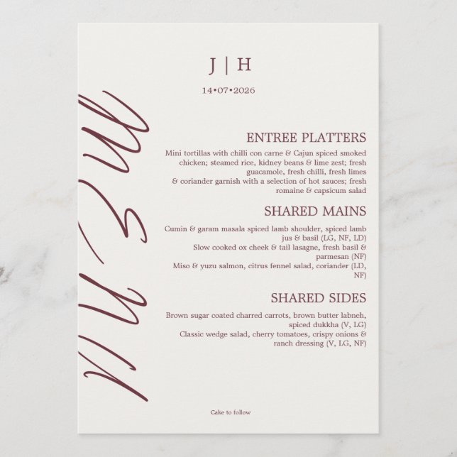 Menu Cardápio de Casamento Borgonha (Frente)