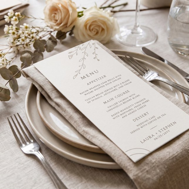 Menu Cardápio de Casamento Botânico Bege Neutro Moderno (Criador carregado)