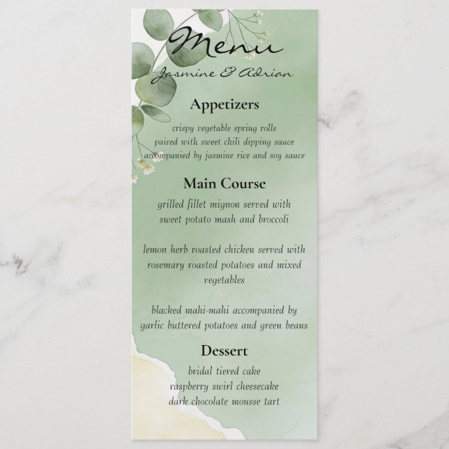 Menu Cardápio de Casamento Botânico Sage Whisper (Frente)