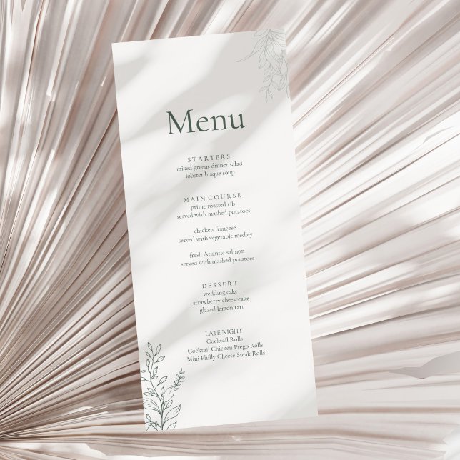 Menu Cardápio de Casamento Botânico Verde Sage Minimali (Minimal Sage Green Botanical Wedding Menu on a neutral dry palm leaf)