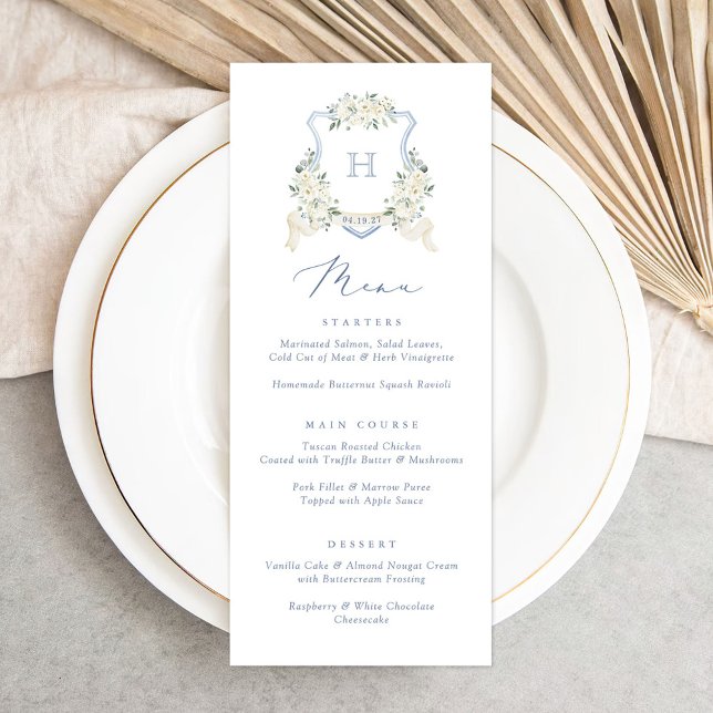Menu Cardápio de Casamento Branco Azul-Elegante Floral (Criador carregado)