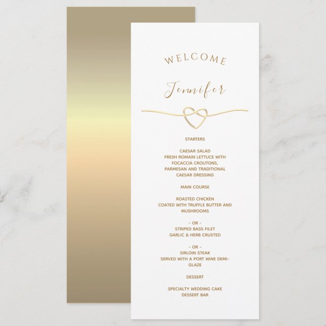 Menu Cardápio de Casamento Branco com Nome & Coração Do (Frente/Verso)