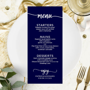 Menu Cardápio de Casamento Caligrafia Elegante Azul Nav