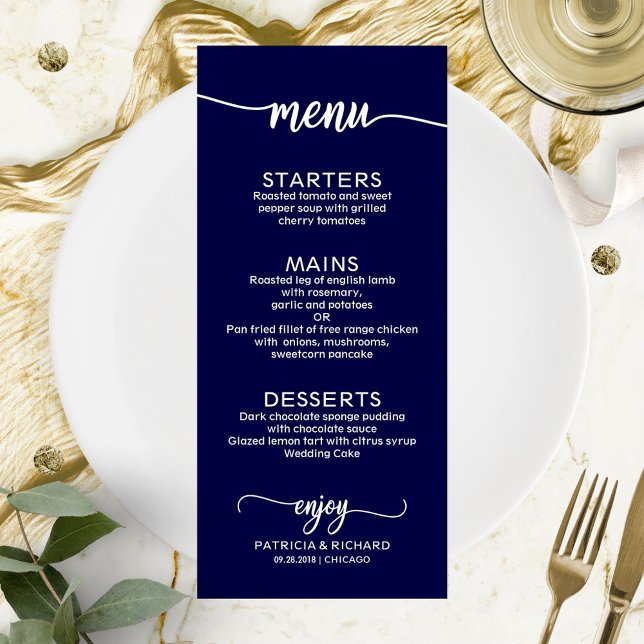 Menu Cardápio de Casamento Caligrafia Elegante Azul Nav (Criador carregado)