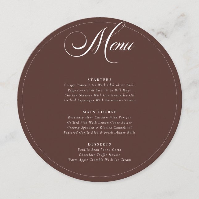 Menu Cardápio de Casamento Caligrafia Marrom Chocolate  (Frente)