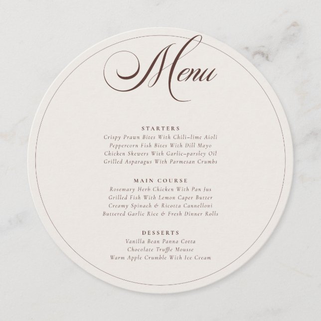 Menu Cardápio de Casamento Caligrafia Marrom Chocolate  (Frente)