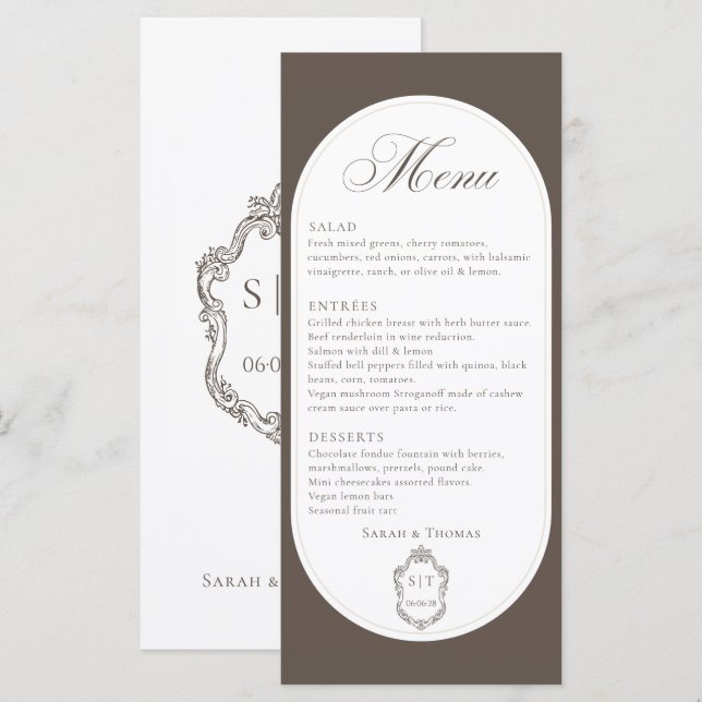 Menu Cardápio de Casamento Calligraphy Mocha Brown Crea (Frente/Verso)