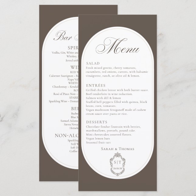 Menu Cardápio de Casamento Castanho Mocha Caligrafia Do (Frente/Verso)