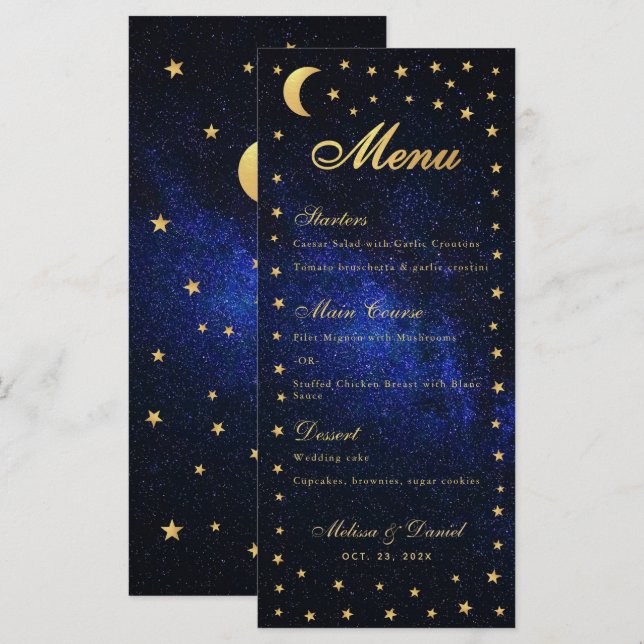 Menu Cardápio de Casamento Celestial - Elegantes Estrel (Frente/Verso)