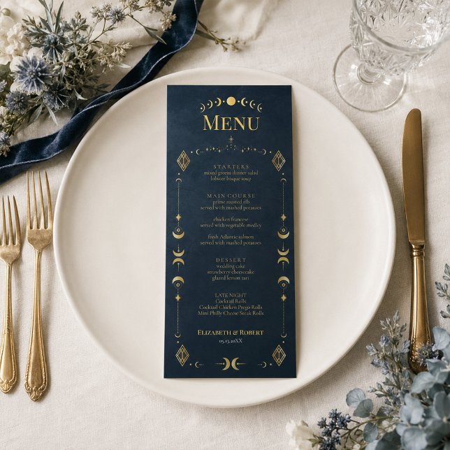 Menu Cardápio de Casamento Celestial Gótico Meia-Noite  (Celestial Gothic Midnight Blue Gold Wedding Menu)