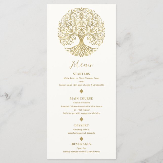 Menu Cardápio de Casamento Celta Creme & Dourado Árvore (Frente)