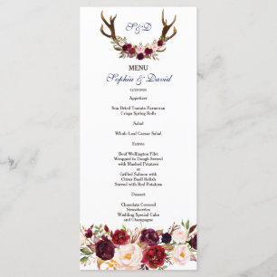 Menu Cardápio de Casamento Chic Burgundy Marsala Floral