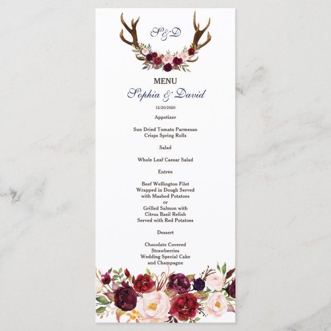 Menu Cardápio de Casamento Chic Burgundy Marsala Floral (Frente)