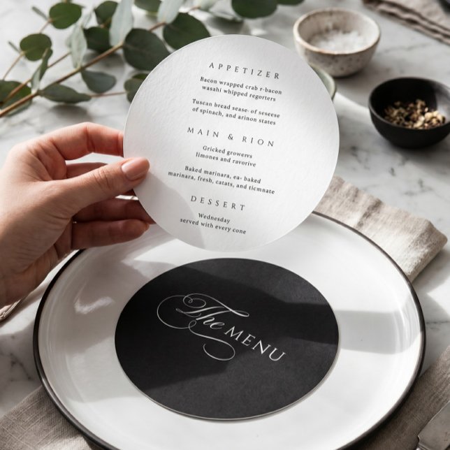 Menu Cardápio de Casamento Círculo Elegante Caligrafia  (Criador carregado)