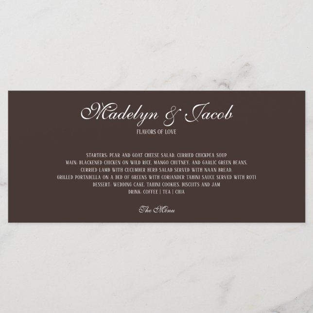 Menu Cardápio de Casamento Clássico Marrom (Frente)