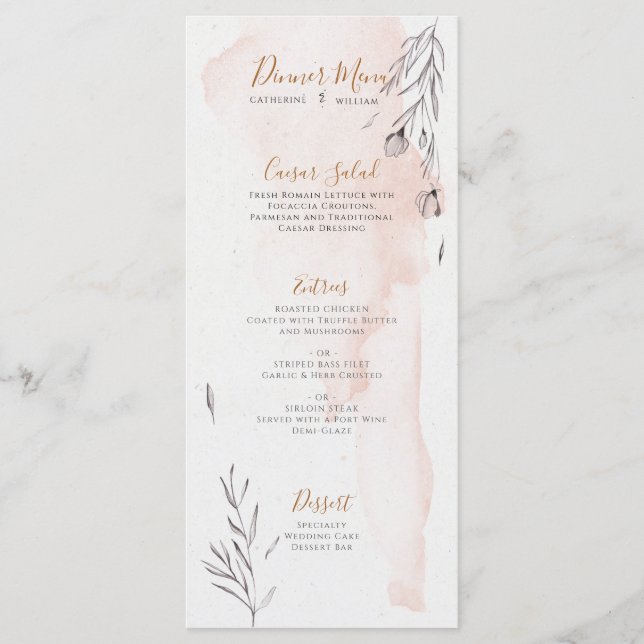 Menu Cardápio de Casamento com Aquarela Cinza e Rosa Co (Frente)