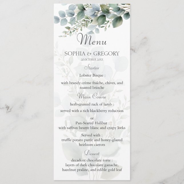 Menu Cardápio de Casamento com Aquarela de Eucalipto Bo (Frente)