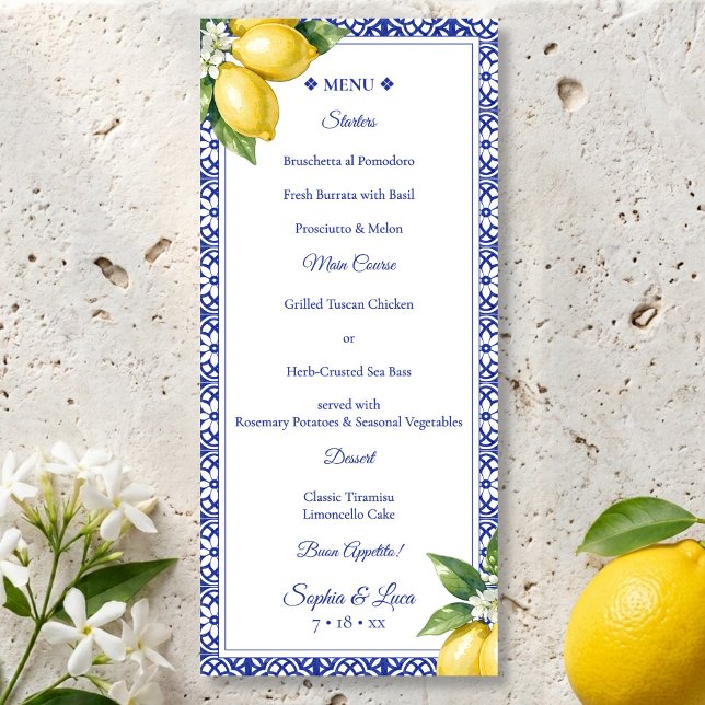 Menu Cardápio de Casamento com Azulejo Azul Limão Amalf (Italian Amalfi Lemon Blue Tile Wedding Menu)