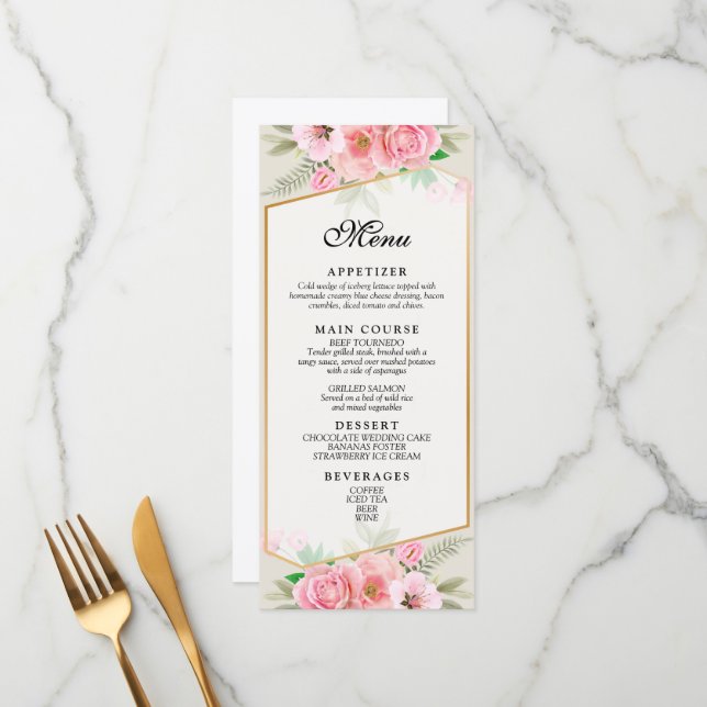 Menu Cardápio de Casamento com Borda de Rosa Rosa Elega (Frente/Verso In Situ)