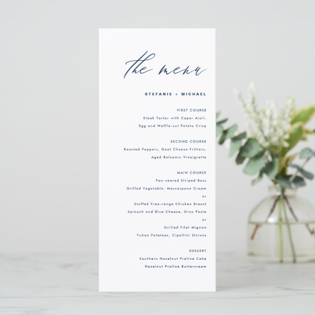 Menu Cardápio de Casamento com Caligrafia Elegante Azul (Em pé/Frente)