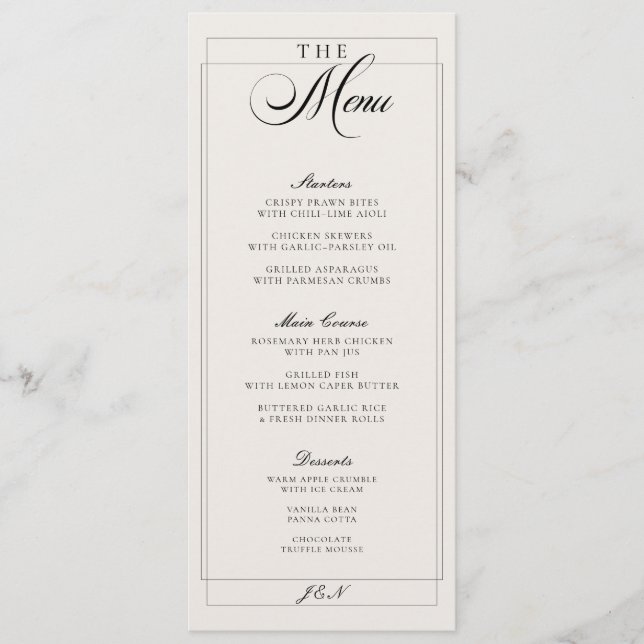Menu Cardápio de Casamento com Caligrafia em Marfim Pre (Frente)