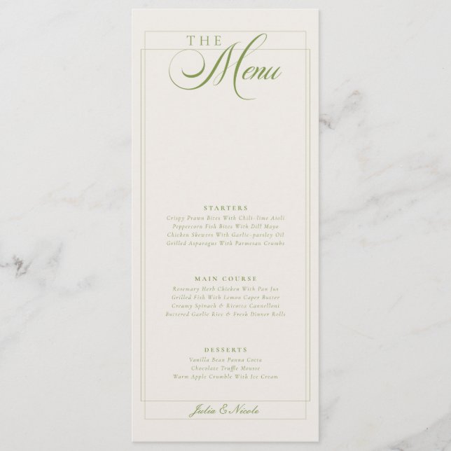 Menu Cardápio de Casamento com Caligrafia em Marfim Ver (Frente)