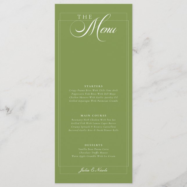 Menu Cardápio de Casamento com Caligrafia em Marfim Ver (Frente)