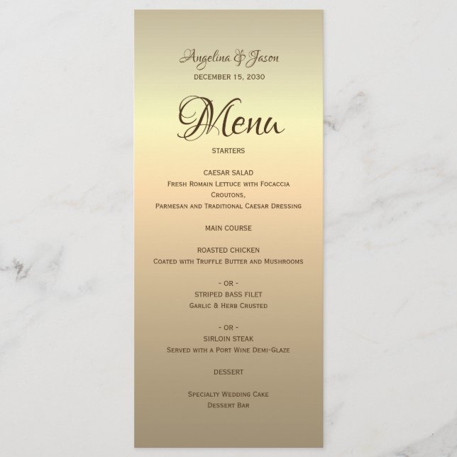 Menu Cardápio de Casamento com Caligrafia em Ouro Elega (Frente)