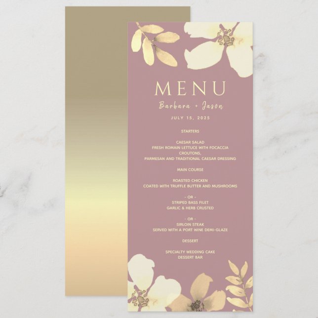 Menu Cardápio de Casamento com Caligrafia Rosa Empoeira (Frente/Verso)