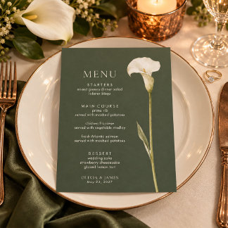 Menu Cardápio de Casamento com Copo-de-Leite em Verde O