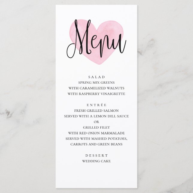 Menu Cardápio de casamento com coração rosa. Jantar mod (Frente)