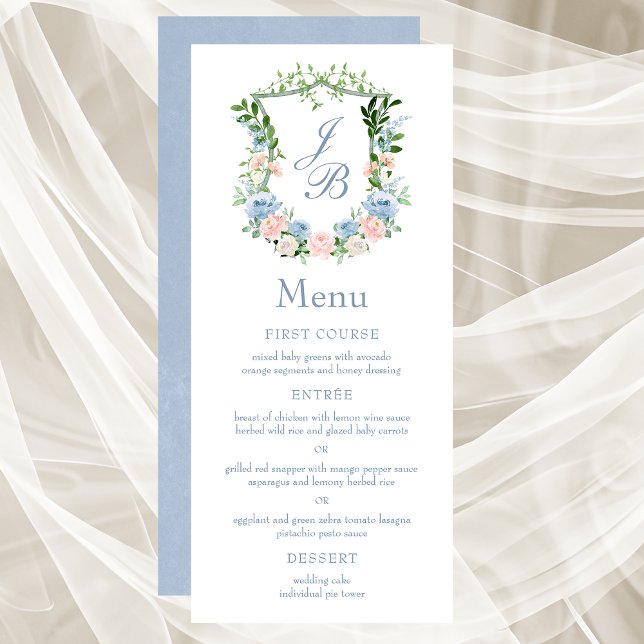 Menu Cardápio de casamento com crista floral azul empoe (Criador carregado)