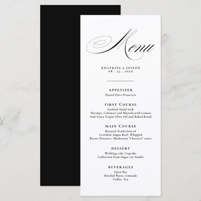 Menu Cardápio de Casamento com Detalhes de Caligrafia d (Frente/Verso)