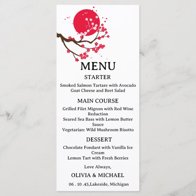 Menu cardápio de casamento com flor de cerejeira japone (Frente)