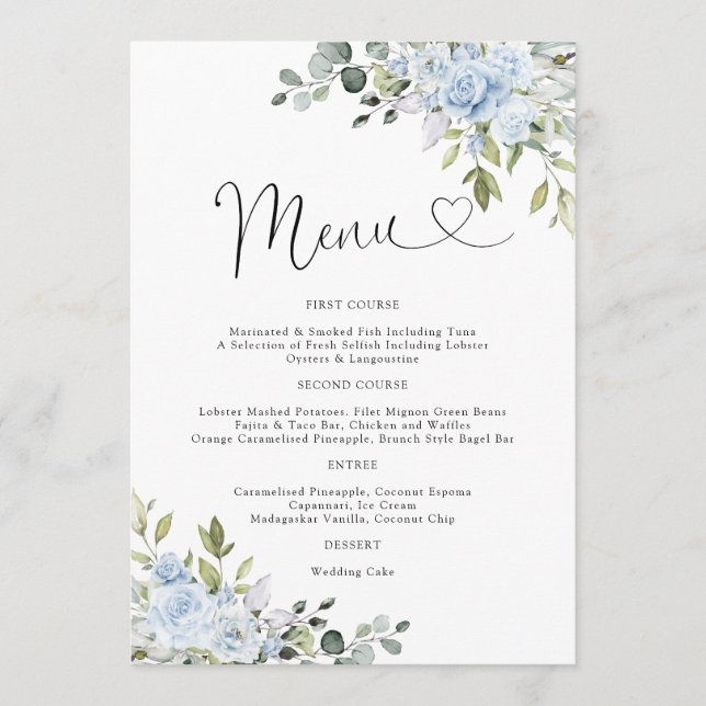 Menu Cardápio de Casamento com Floral em Eucalipto Azul (Frente)