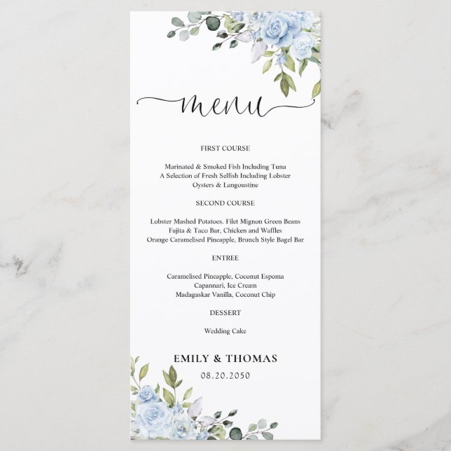 Menu Cardápio de Casamento com Floral em Eucalipto Azul (Frente)