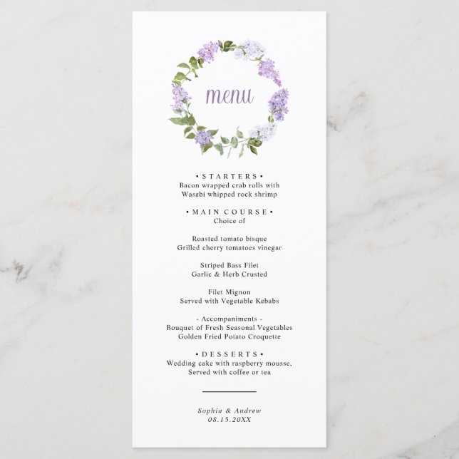 Menu Cardápio de Casamento com Flores de Lilás Rústico (Frente)
