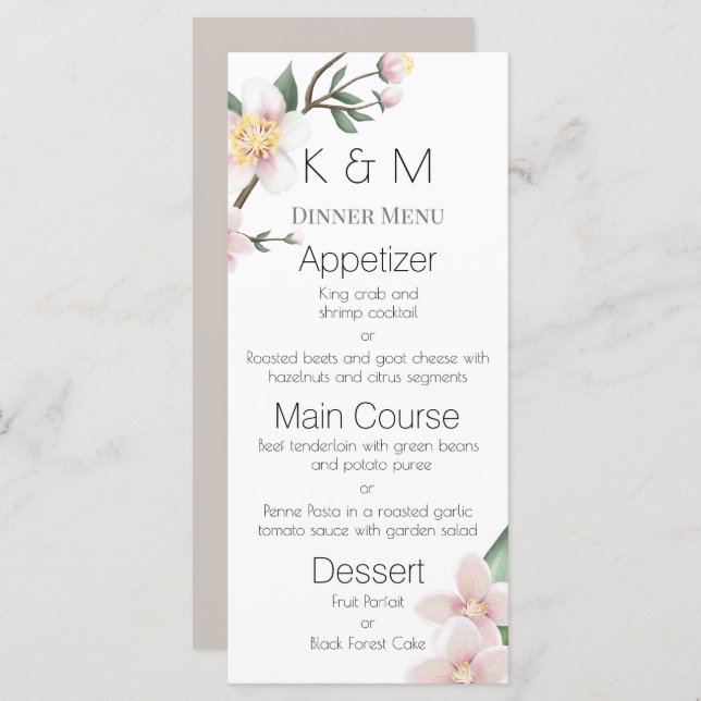 Menu Cardápio de Casamento com Flores de Maçã em Aquare (Frente/Verso)