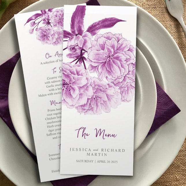 Menu Cardápio de casamento com flores duplas roxas (Criador carregado)