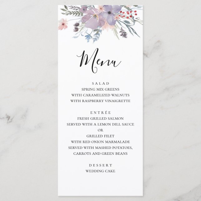 Menu Cardápio de casamento com flores roxas. Cardápio d (Frente)