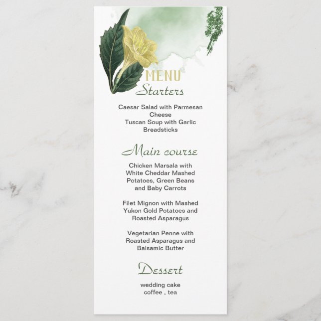 Menu cardápio de casamento com flores verdes amarelas (Frente)
