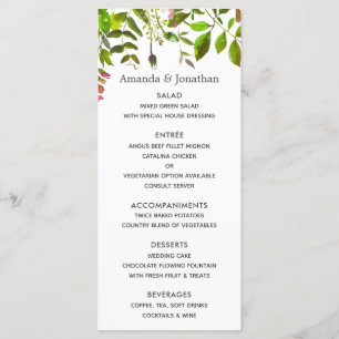 Menu Cardápio de Casamento com Folhagem de Primavera em
