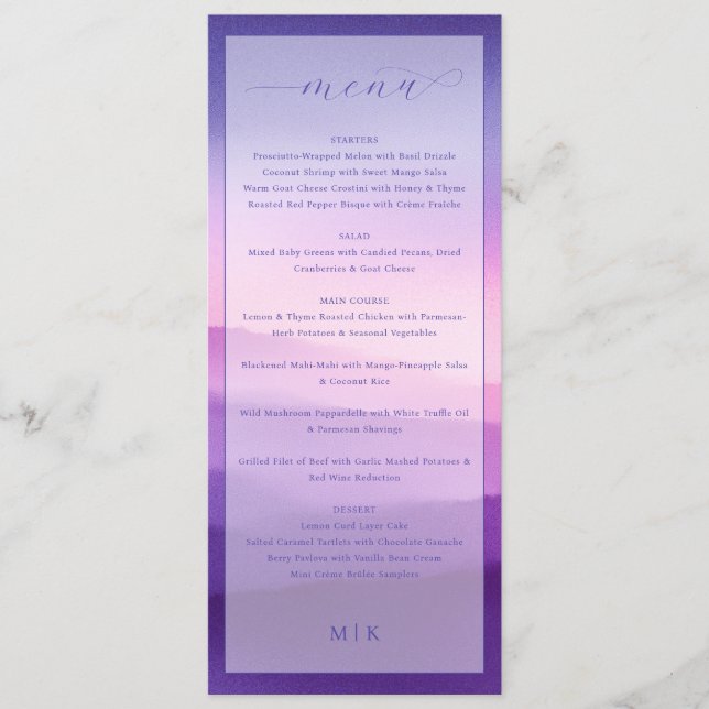 Menu Cardápio de Casamento com Gradiente Roxo Elegante (Frente)