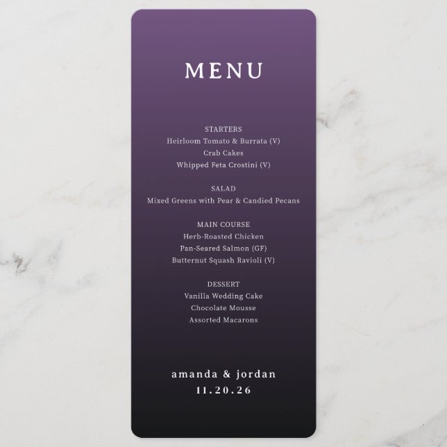 Menu Cardápio de Casamento com Gradiente Roxo Elegante (Frente)